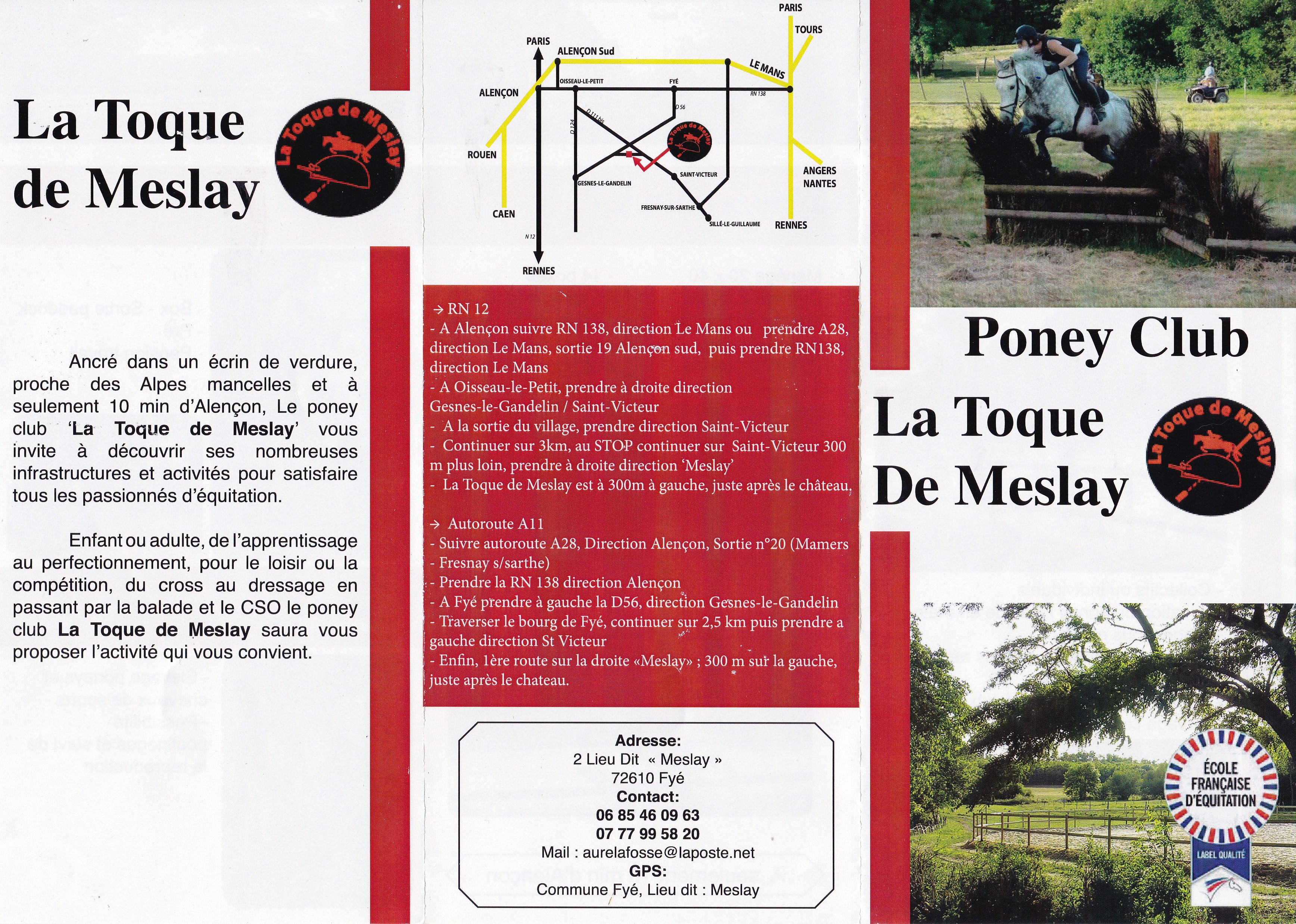 dépliant présentant le Poney club de la Toque de Meslay